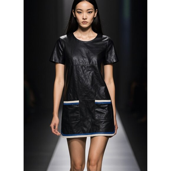 Women's Black Faux Leather Dress M Short Sleeve Mod Style Pockets & Trim - Picture 9 of 9